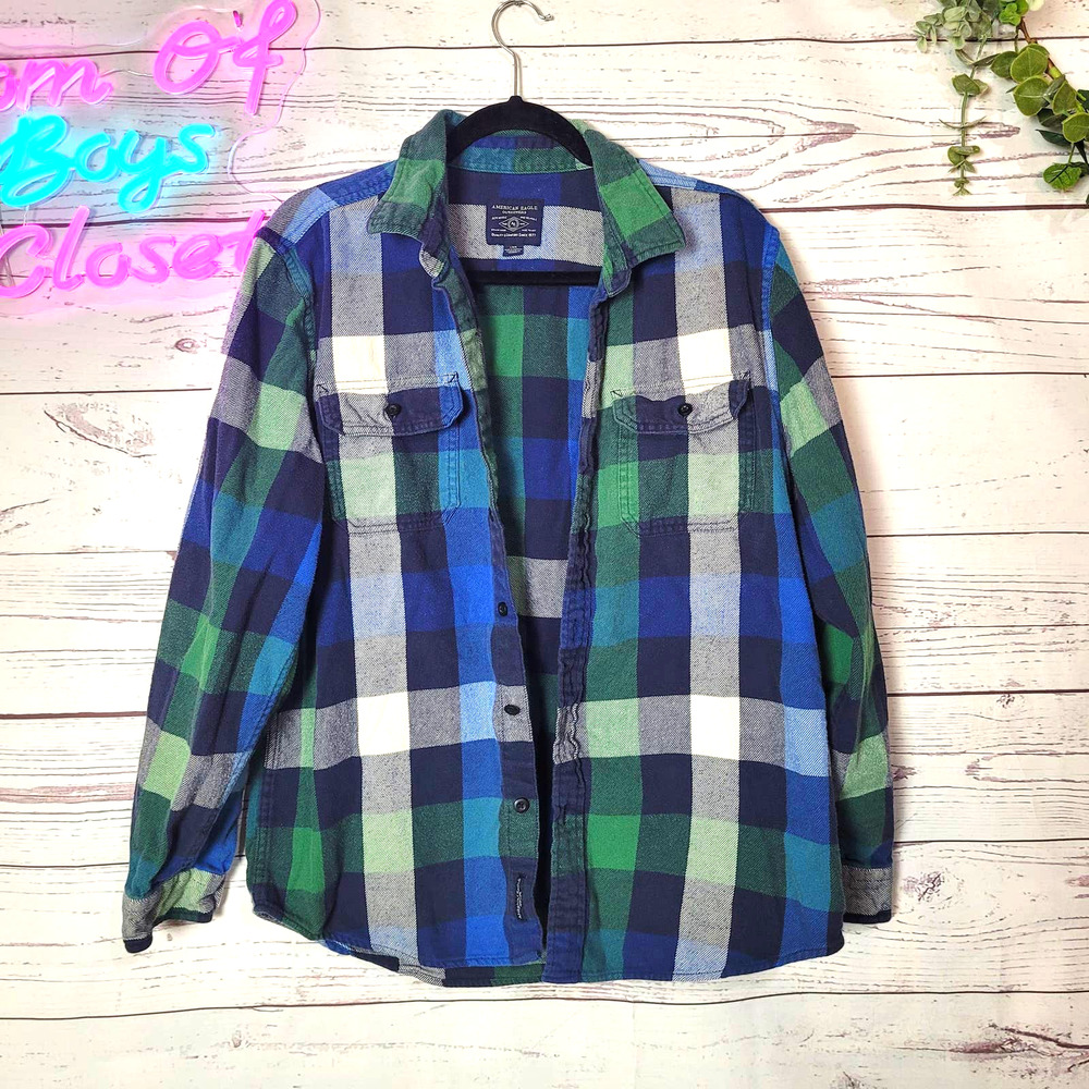 American Eagle Outfitters‎ Blue Green Plaid Button Down Shacket Men's Size Large